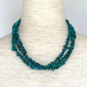 Triple Strand Blue Green Beaded Dyed Turquoise Chip 18" Necklace Toggle Closure